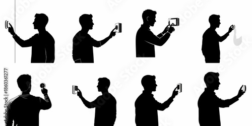 Man silhouette collection interacting with smart home technology, control panels, and thermostats in various poses.