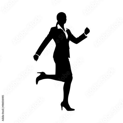 Silhouette of a businesswoman running with determination and purpose.