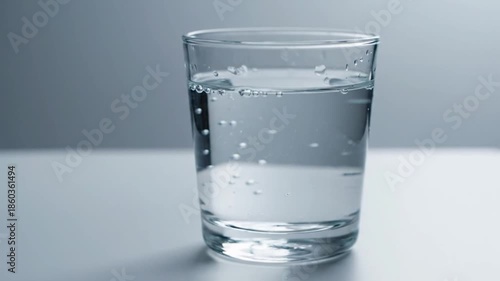 A glass of clear water with bubbles sits on a table indoors.