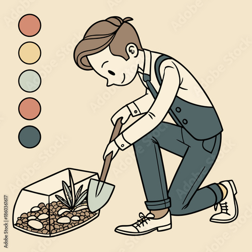 Boy planting in a terrarium with shovel