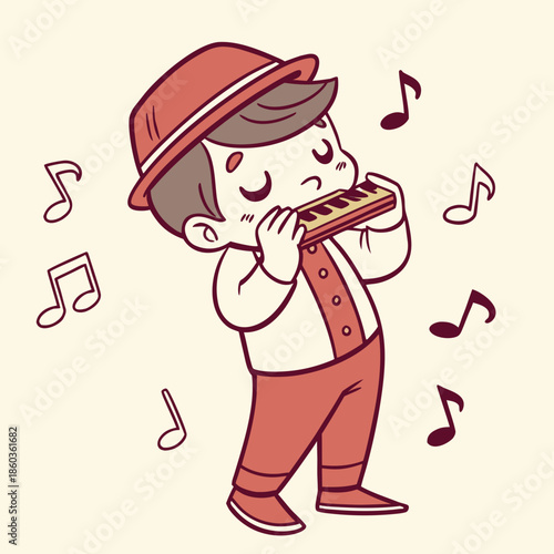 Boy playing harmonica with musical notes