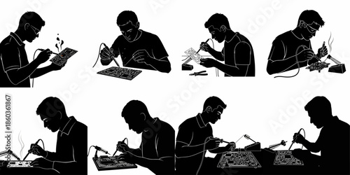 Black and white silhouettes set showing a man working on circuit board assembly, electronic repair, and precision soldering tasks.