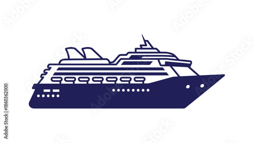 Illustration of a cruise ship with multiple decks and a prominent bow.