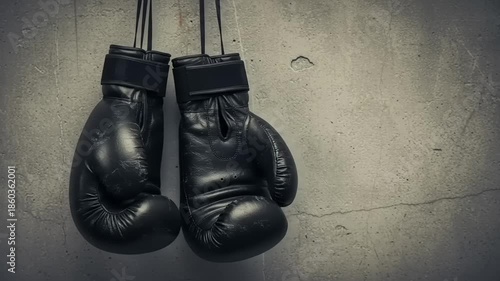 Black Boxing Gloves Hanging from Ropes.