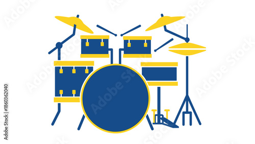 Illustration of a Drum Set with Cymbals and Drumsticks.