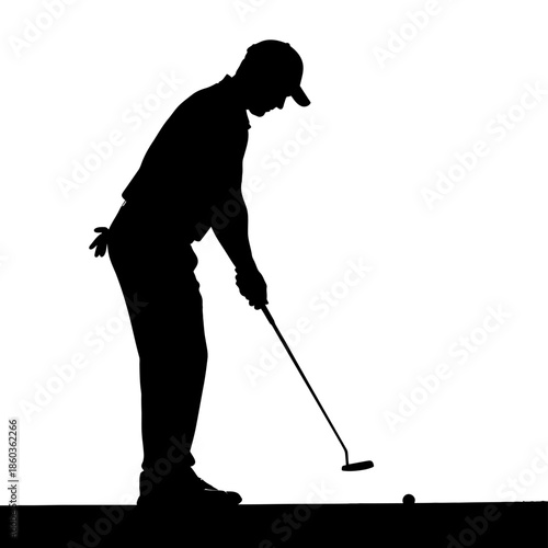 Silhouette of a golfer putting on the green.