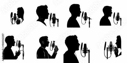 Silhouettes of people recording vocals or voiceovers into studio condenser microphones, illustrating music, podcasting, broadcasting, and voice talent.