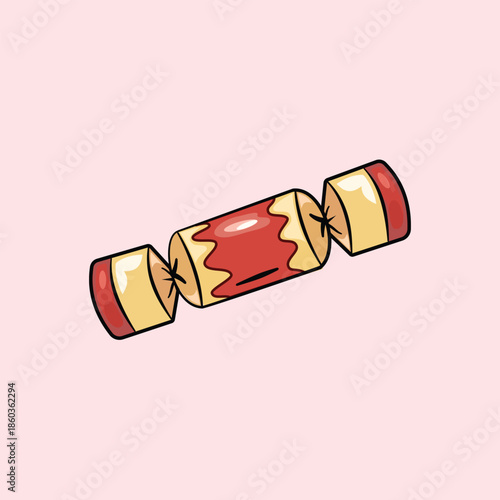 A vibrant illustration of a traditional Christmas cracker with red and gold patterns on a pale pink background. Perfect for festive celebration themes and holiday party designs.