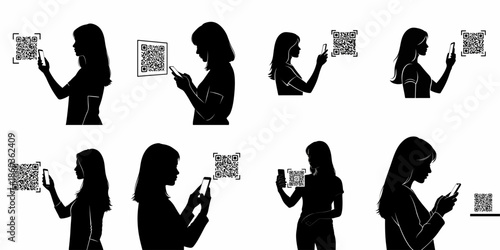 Set of black silhouette illustrations depicting women scanning QR codes with mobile phones for digital access, payment, and information technology.