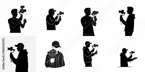 Set of vector silhouettes showing professional filmmakers, vloggers, and videographers operating cameras on 3-axis gimbal stabilizers.