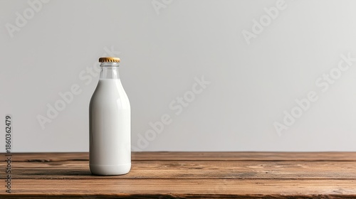 Glass bottle of fresh white milk on wooden table against minimalistic background in natural light