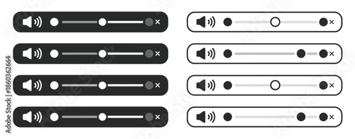 Set of audio volume slider icons, black and white vector collection showing mute, low, medium, and high sound levels, ideal for media player interfaces, app design