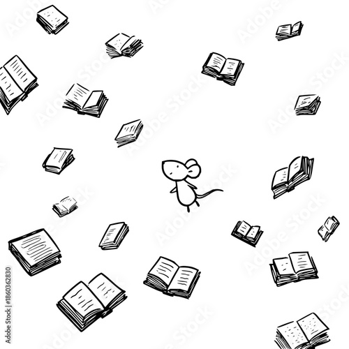 Mouse Surrounded by Falling Books in Black and White