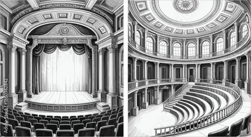 Classical opera theatre interior illustration featuring ornate stage proscenium and curved auditorium seating, historic neoclassical architecture design in detailed monochrome vector style