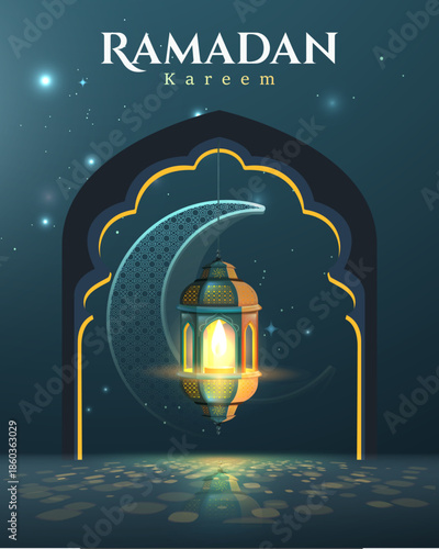 Ramadan Kareem Greeting Card with Islamic Arch, Lantern and Night Mosque Scene