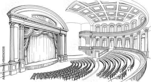 Classical theater interior architectural illustration with ornate stage columns seating auditorium, vintage opera house design detailed black line vector artwork scene
