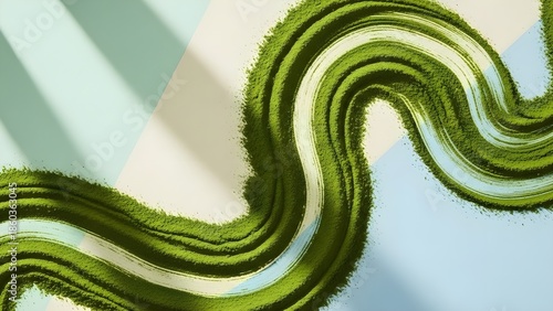 Flowing Green Matcha Powder Texture on Pastel Background