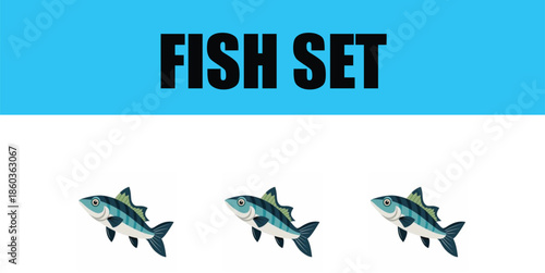 A vibrant blue background showcases three cartoon fish labeled fish set