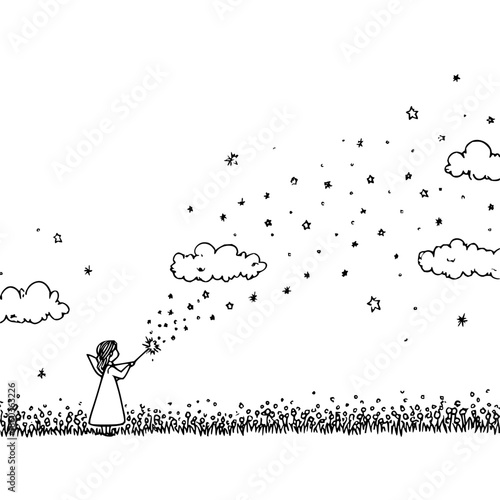 Little Girl Releasing Stars into Night Sky with Wand
