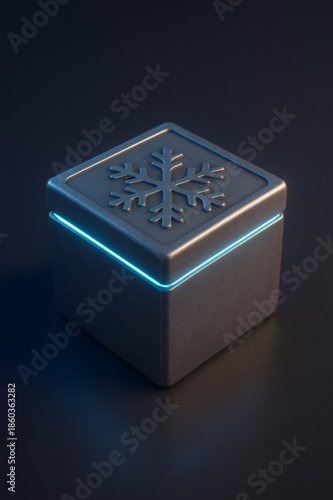 Dark square box featuring an embossed snowflake on its lid and a vibrant blue light line dividing the halves