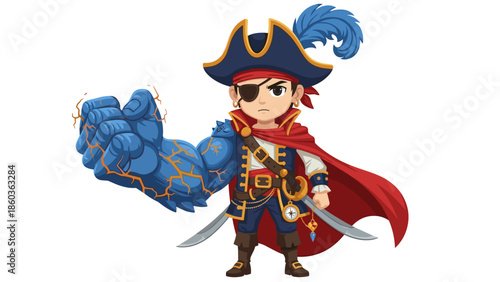 Dynamic fantasy pirate character illustration, featuring a heroic captain with a powerful glowing elemental arm, dual swords, and a dashing red cape, ready for grand adventures