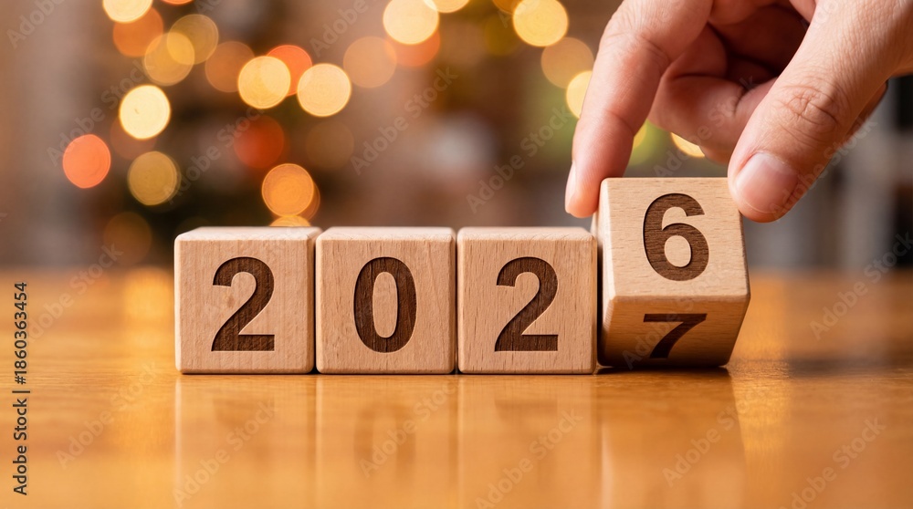 Naklejka premium A hand carefully positions wooden blocks displaying the numbers 2027 symbolizing the transition from 2026 and future planning concepts high quality