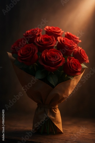 Red roses forming a classic bouquet, wrapped in kraft paper, standing on a wooden surface with warm atmospheric lighting
