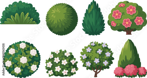 Garden bushes and flowering shrubs set with decorative trees and hedges, colorful flat nature landscaping elements vector illustration