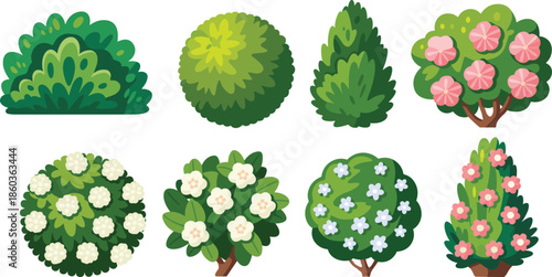 Garden bushes and flowering shrubs illustration set with decorative trees and hedges, colorful flat nature landscaping vector elements collection