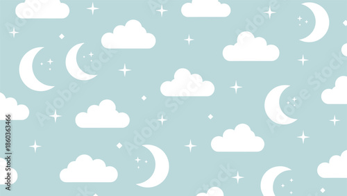 A cute and simple seamless pattern of a night sky with white clouds, crescent moons, and stars on a light blue background.