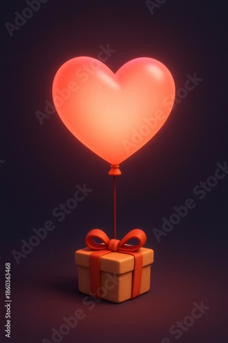 Glowing heart balloon floating, carrying a present box tied with a red ribbon, symbolizing love, gifts, and celebration