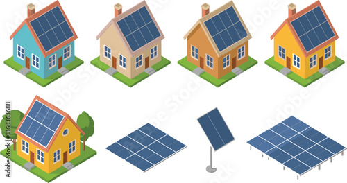 Isometric solar panel house icons set with renewable energy homes and photovoltaic systems, eco friendly sustainable power flat vector illustration