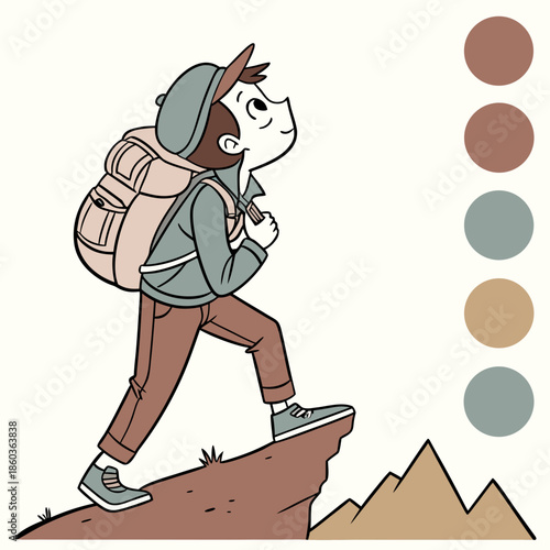 Boy with Backpack Hiking Up a Cliff