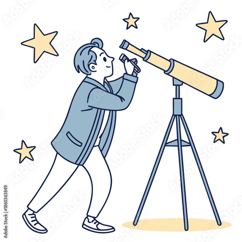 Boy with Telescope Looking at Stars