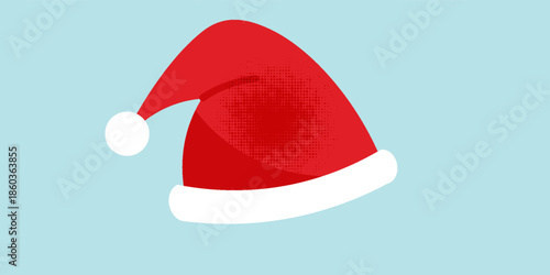 Red Santa hat with halftone texture. Christmas accessory in flat design. Vector illustration.