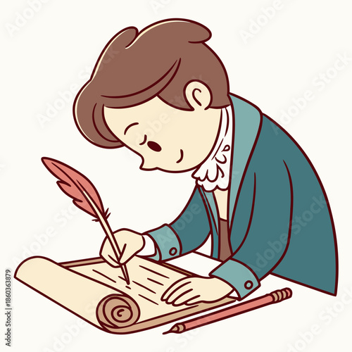 Boy writing with quill pen on scroll