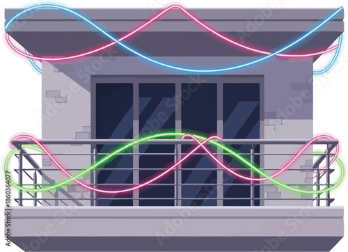 Illustration of a balcony decorated with neon lights in pink blue and green on a white background