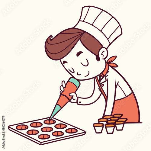 Cartoon Chef Piping Pastries onto Baking Tray