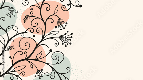 An elegant background design featuring black hand-drawn floral vines with abstract pastel shapes and copy space for text.