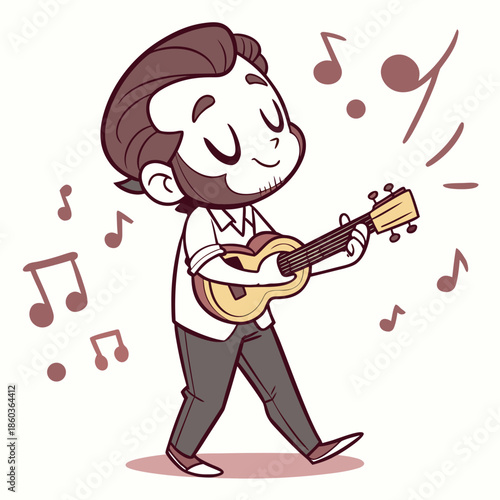 Cartoon Man Playing Guitar with Musical Notes