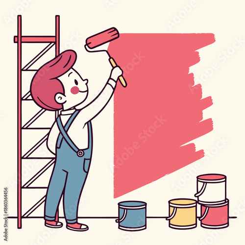 Cartoon painter boy with roller painting wall near ladder and buckets