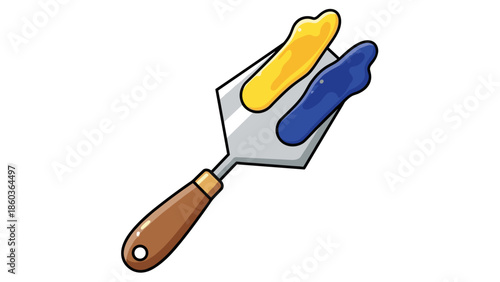 Illustration of a Trowel with Yellow and Blue Paint.