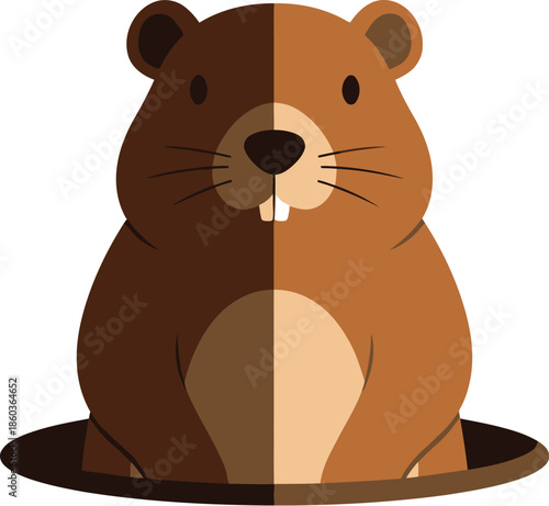 Cute brown groundhog in hole with contrasting color split