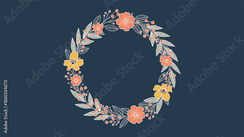A beautiful hand-drawn floral wreath with orange and yellow flowers against a dark blue background for a rustic invitation.
