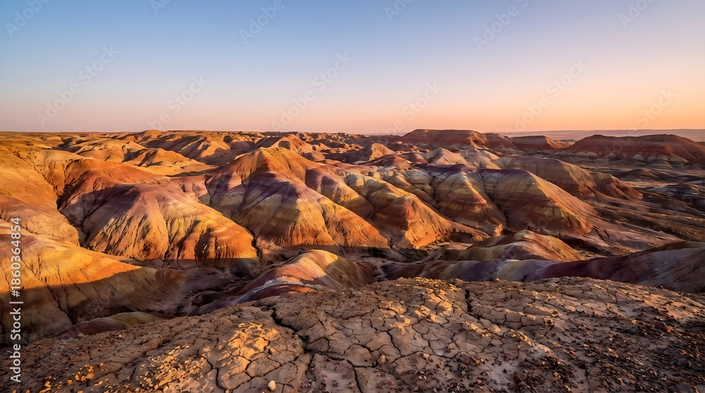 Obraz premium Colorful Sandstone Hills in Painted Desert at Sunset - Abstract Geological Rock Formation Landscape for Travel and Geology Presentation