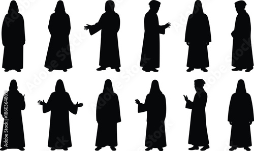 Set of medieval monk silhouettes in robes, standing and gesturing poses, isolated black human figures collection for history religion vector illustration