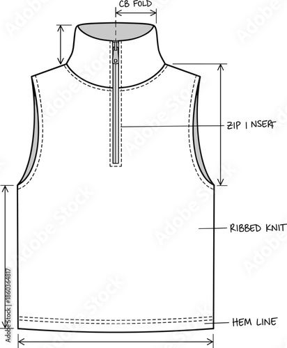 Technical sleeveless vest flat sketch with zipper collar detailed fashion garment specification drawing for apparel manufacturing and design use