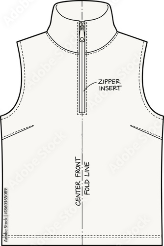 Sleeveless zip neck vest technical flat sketch showing center front fold line detailed fashion garment drawing for apparel production use