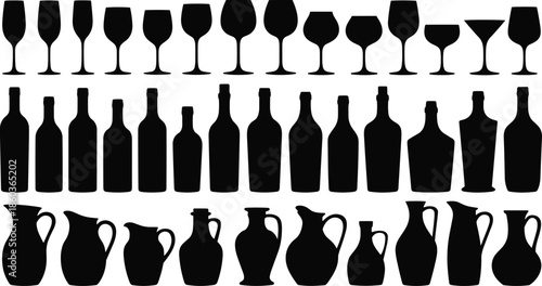 Wine glasses bottles and decanters silhouette set showing bar drinkware shapes, black alcohol glassware icons collection isolated vector