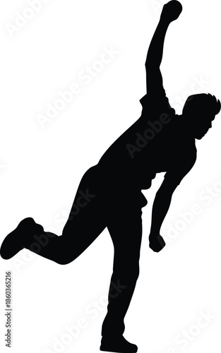 Spin bowler in classic side-on action, arm high, trailing leg